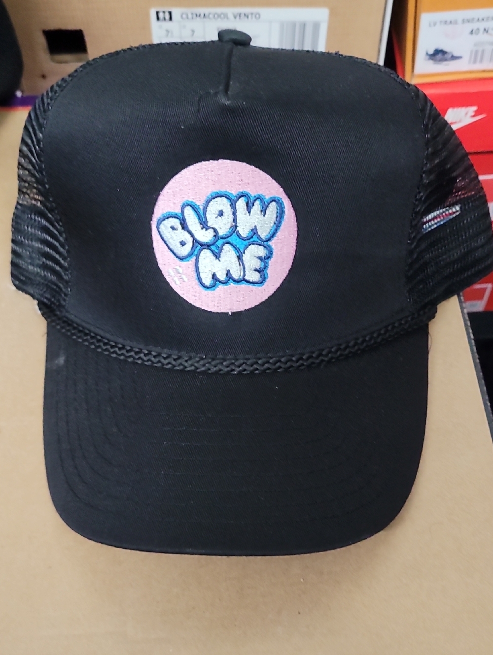 Black Baseball Cap with Pink 'Blow Me' Patch